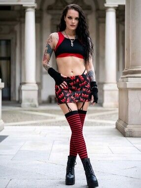 W.I.A ✦ Devil Open Sides Mini Skirt ✦ Black Red 666 Print Adjustable Ties L NWT